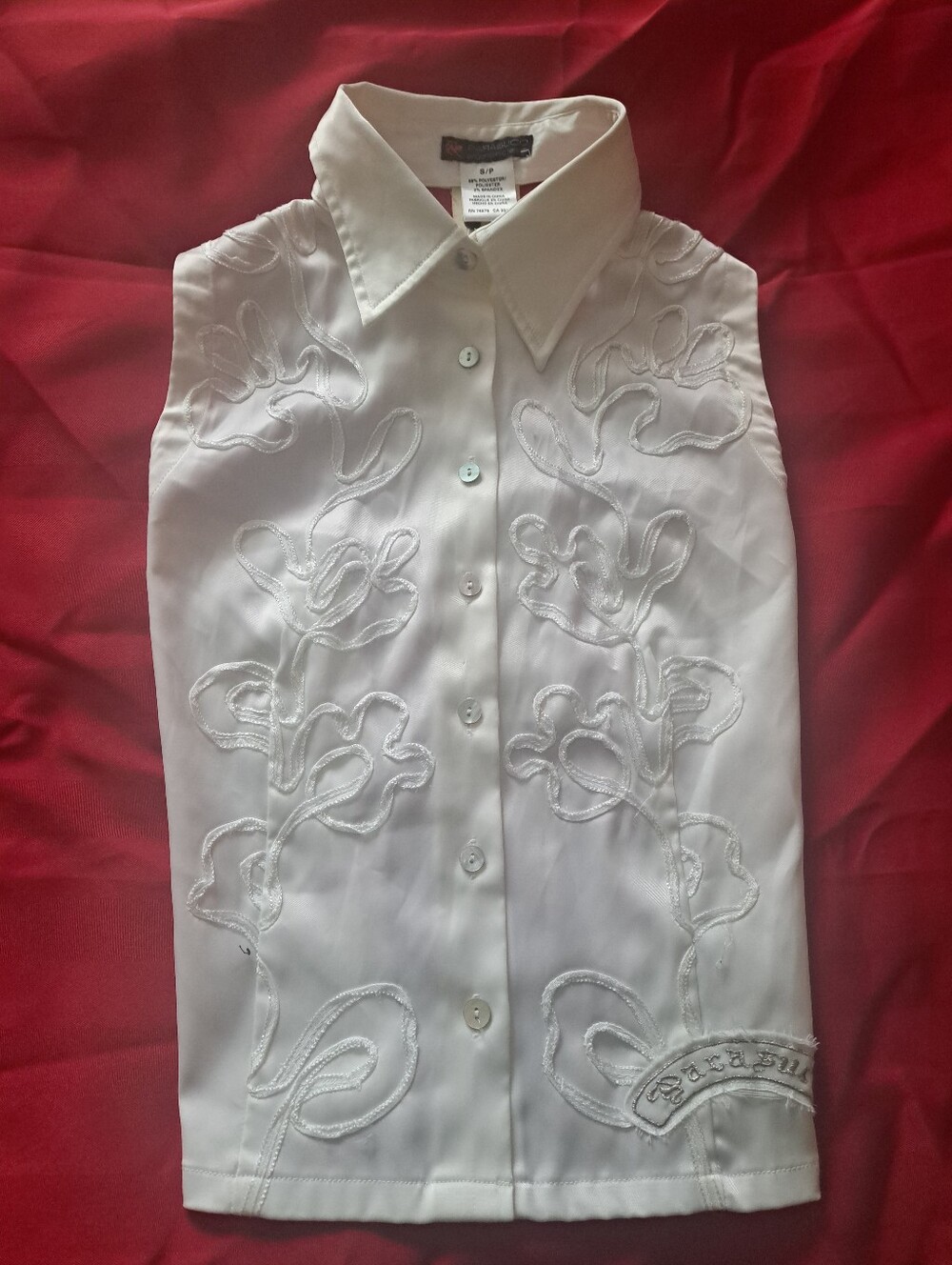 Parasuco White  SatinSleeveless Embroidered Button-Front Top Open Back Very Sexy